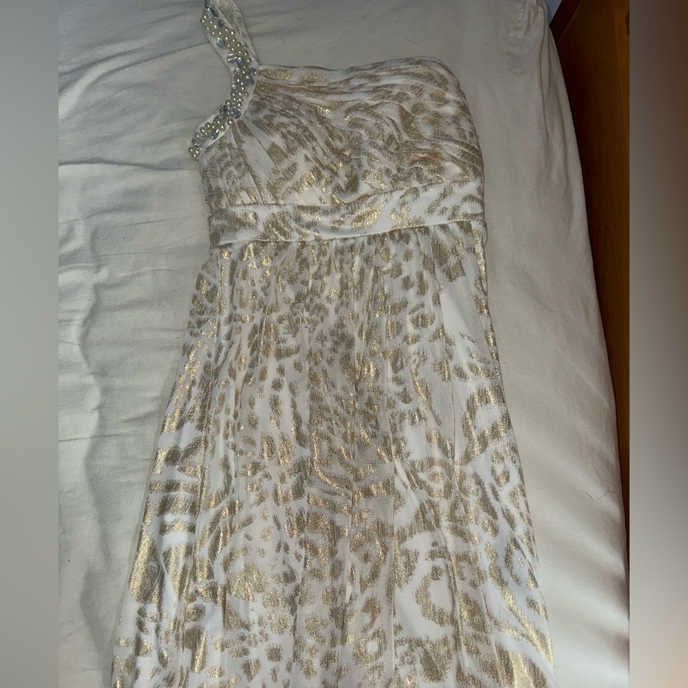BCX One Shoulder White and Gold Dress